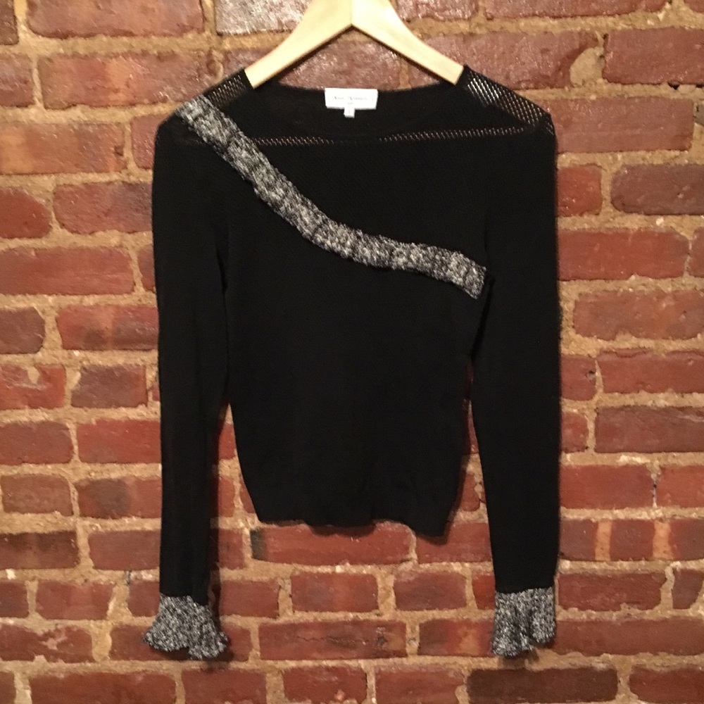 Anne Fontaine Black Cotton Tweed Long Sleeve Top